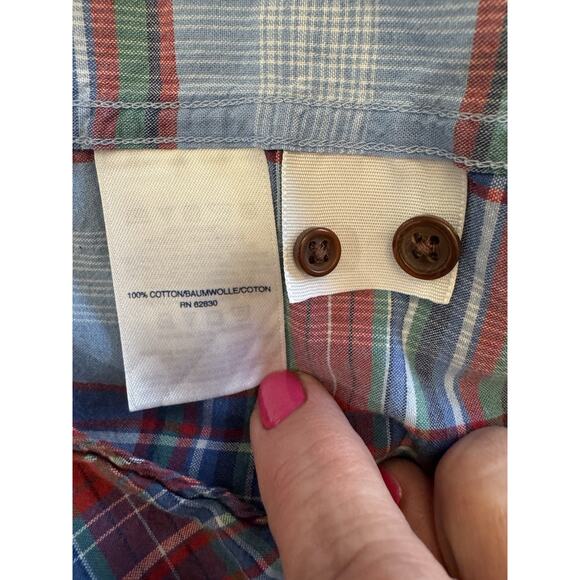 Lands End XL Traditional Fit Red, Blue and white plaid Madras SS button up - Picture 5 of 7